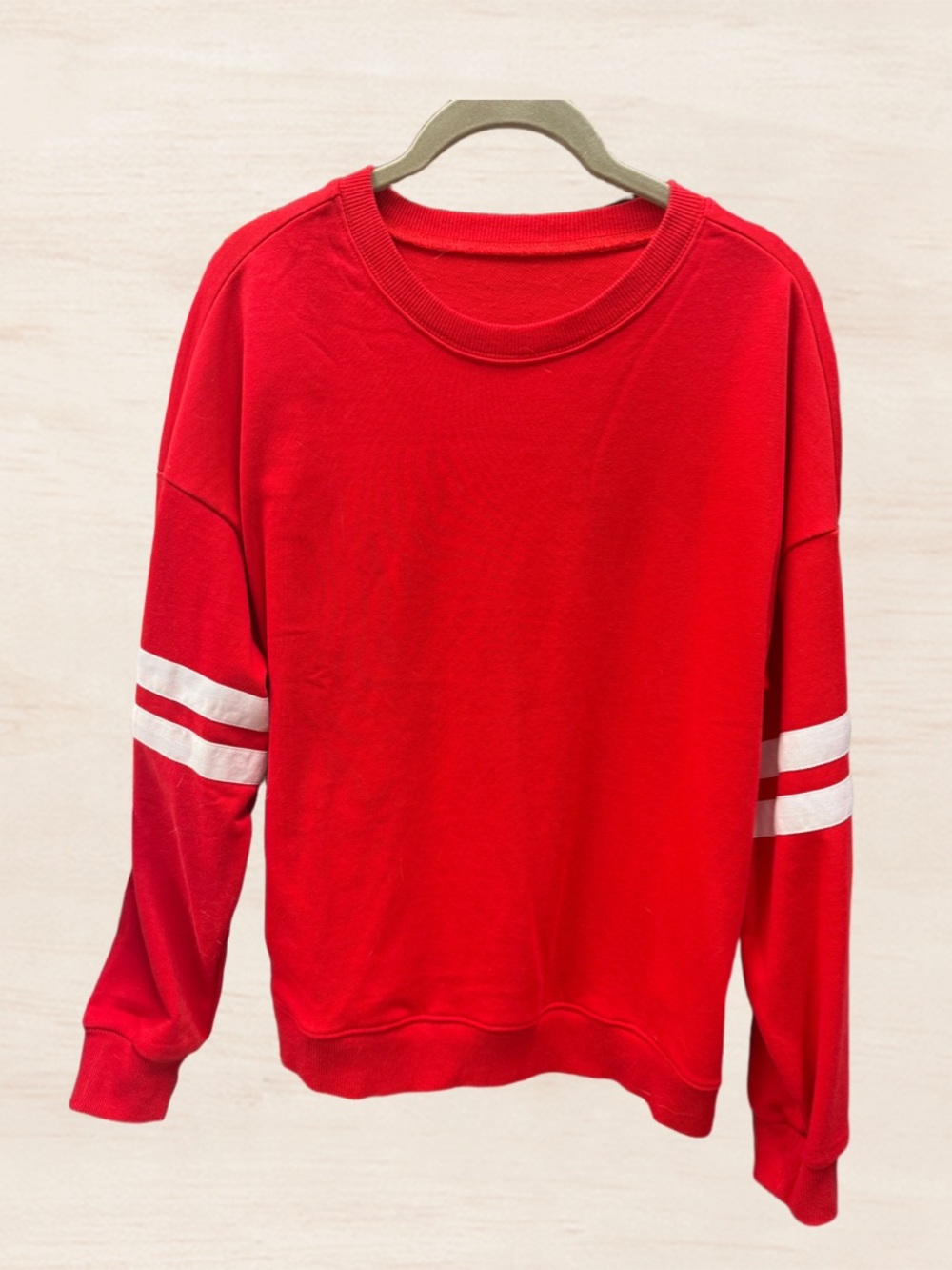 Womens Red Crewneck Sweater with White Sleeve Stripes